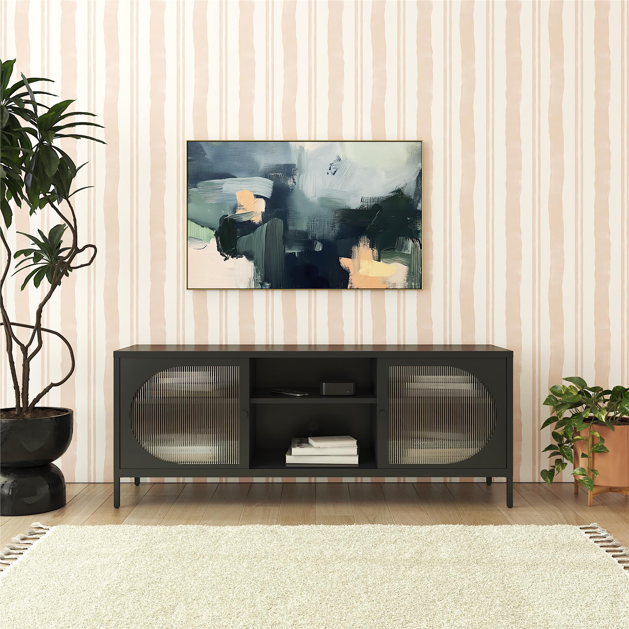 Mr.Kate Luna Metal TV Stand with Fluted Glass for 65 TVs Parchment
