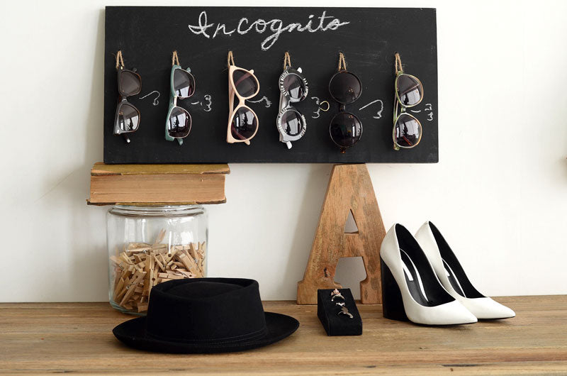 DIY chalkboard sunglasses organizer