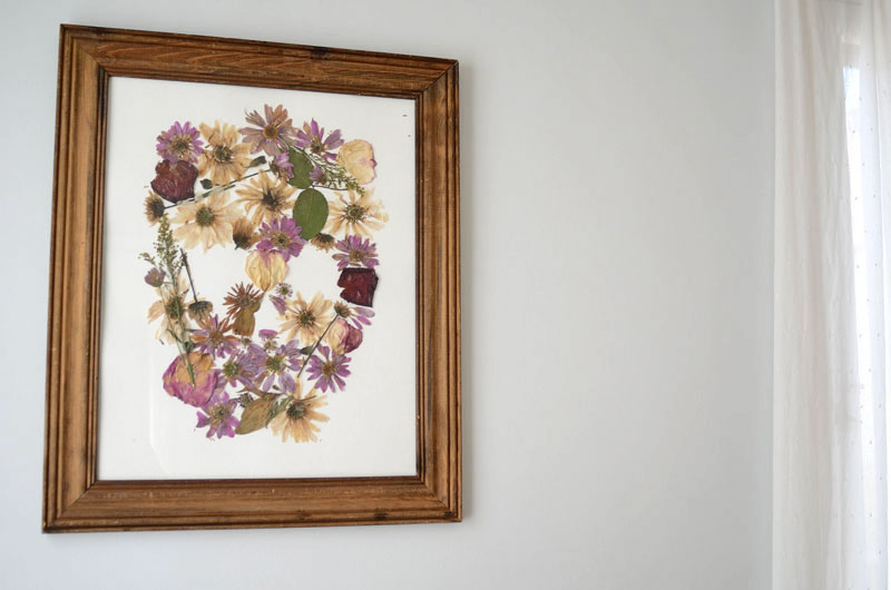 DIY pressed flower skull art