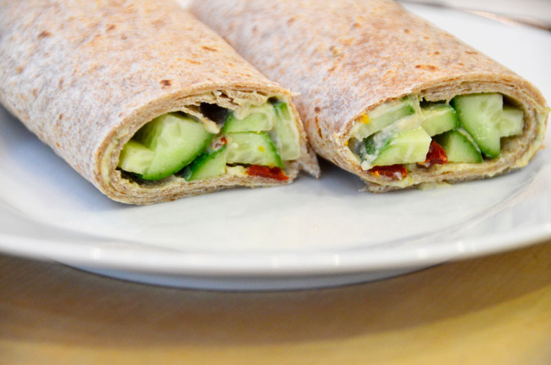 easy wrap recipe: cucumber, hummus, sun-dried tomatoes