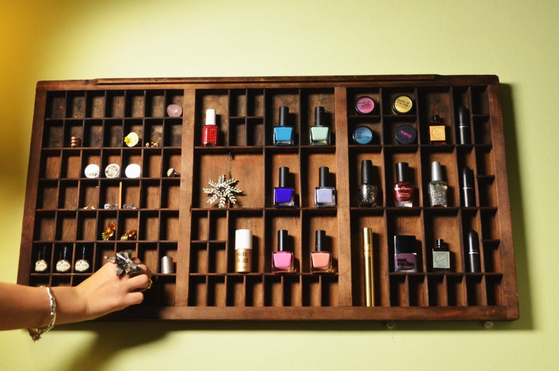 vintage letterpress make-up and nail polish display