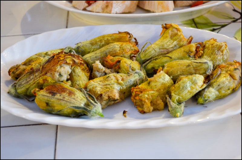 stuffed zucchini flowers and pasta al pomodoro