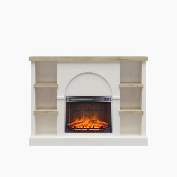 Winston Fireplace Mantel with Built-in Bookshelves, Plaster/Light Walnut