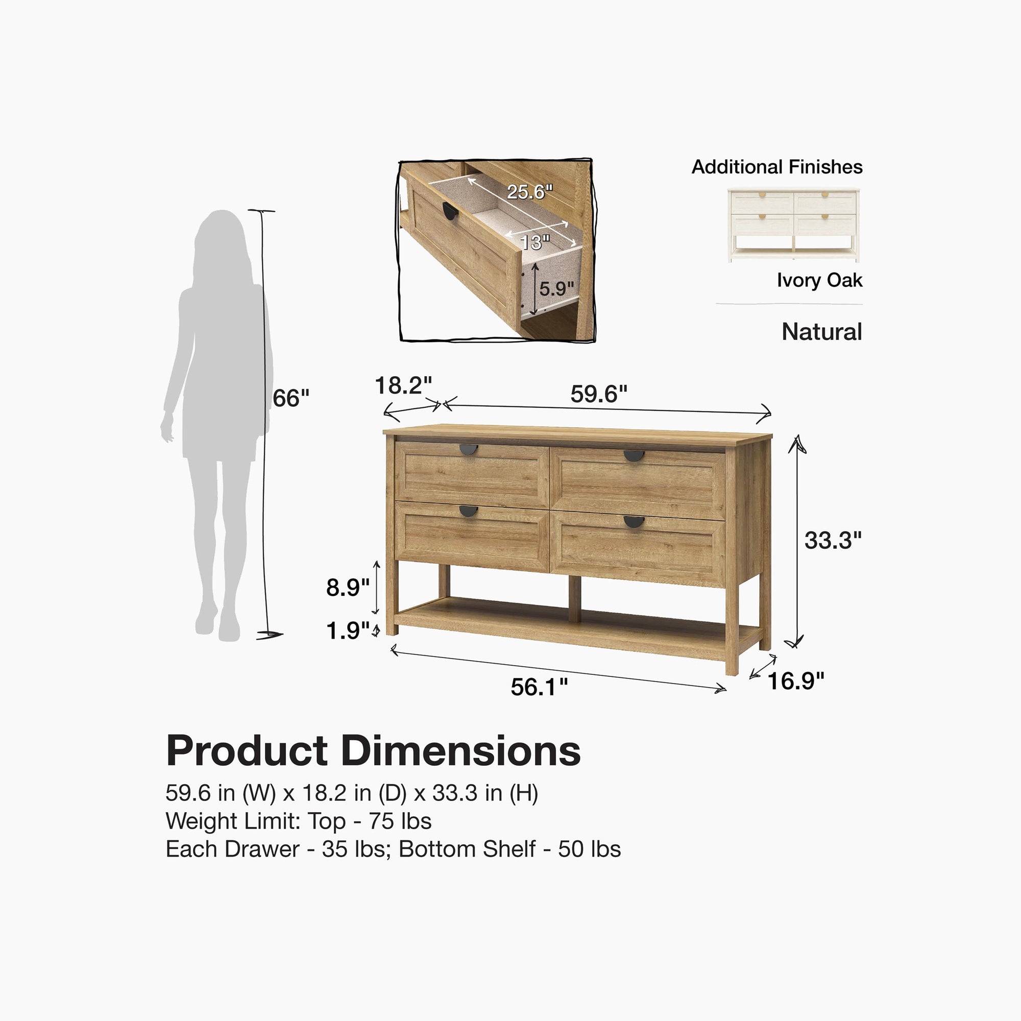 Primrose Wide 4 Drawer Dresser with Lower Shelf